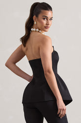 Black Satin Strapless Button Front Corset Top